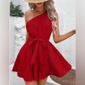 SHEIN VCAY Solid One Shoulder Belted Romper Red